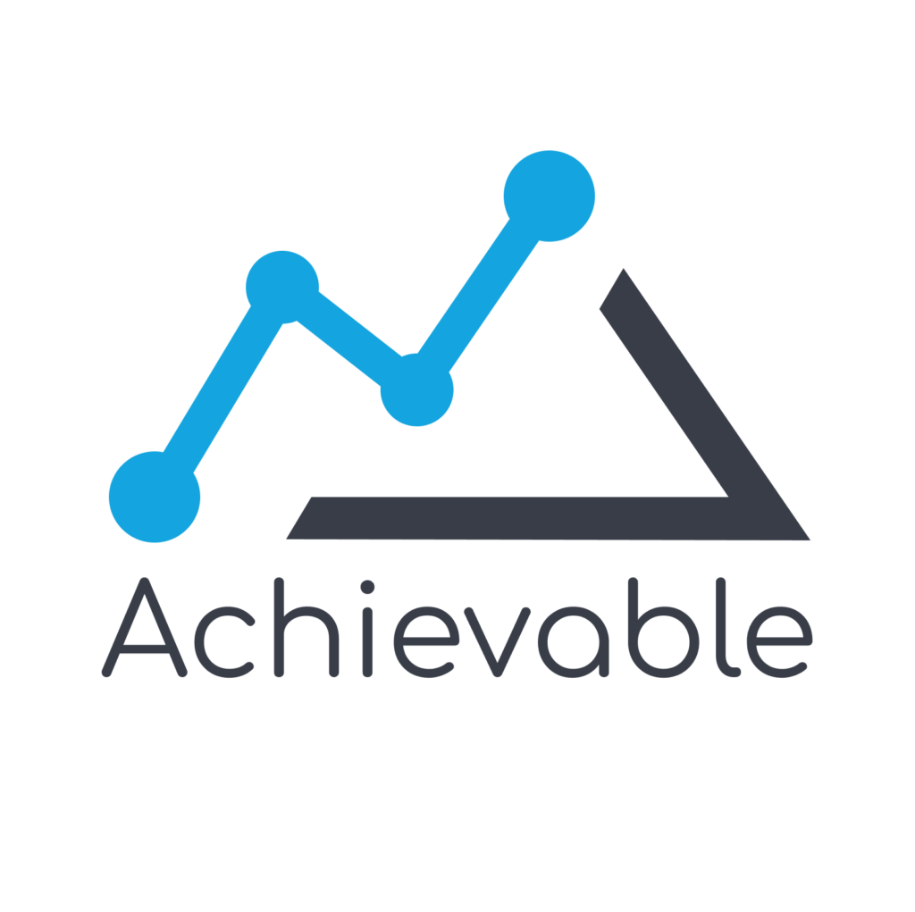 Blue line graph forming a mountain shape with three circles on peaks, above the word "Achievable" in black, conveying growth and potential.