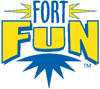 Bold, playful logo with "Fort Fun" in large yellow letters and blue shadows. Starburst design and energetic font convey excitement and amusement.