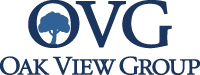 Blue logo of “OVG” with an oak tree inside the letter "O," above the words “Oak View Group” on a black background. Conveys professionalism and nature.