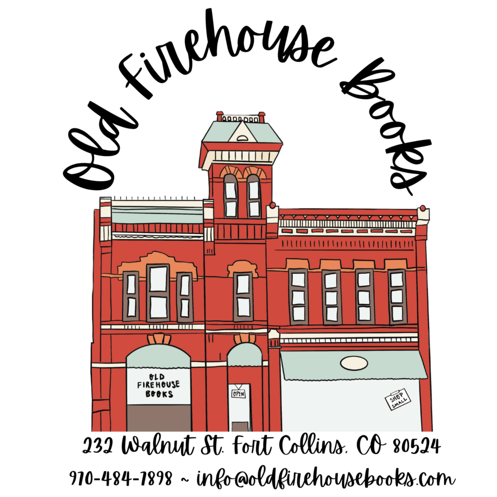 Illustration of a red brick building labeled "Old Firehouse Books." It features white-trimmed windows and a sign indicating "Open." The background is black.
