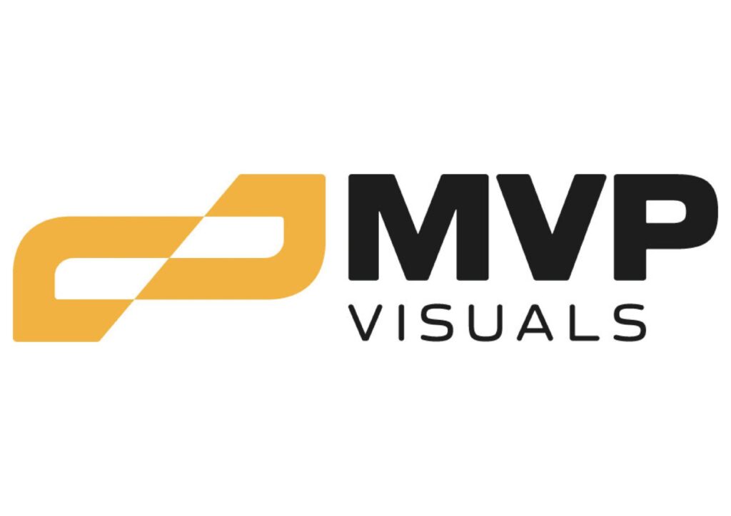 Logo with a stylized yellow-orange "M" shape on the left, followed by bold black text "MVP" and smaller black text "VISUALS" underneath.