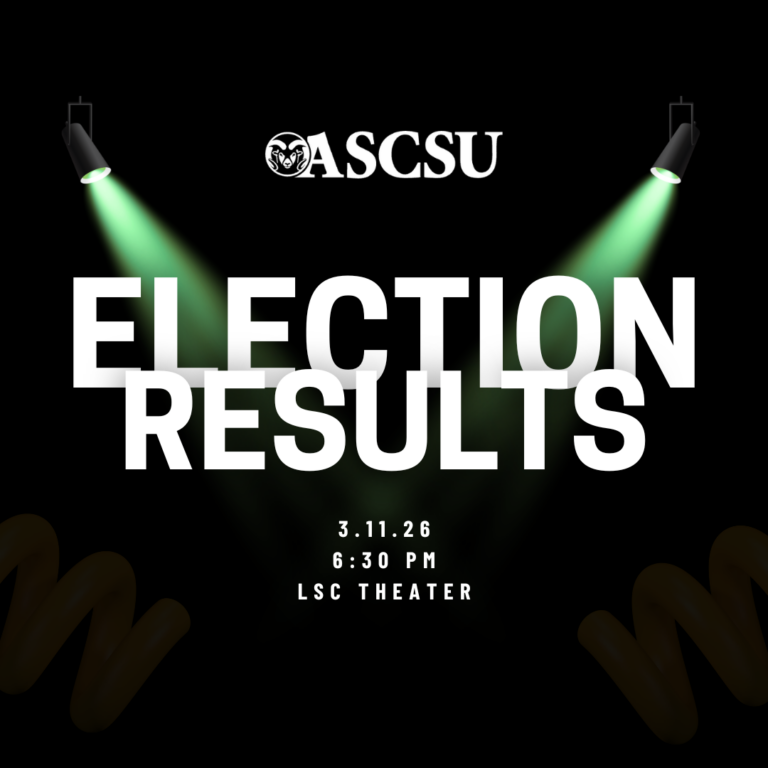 Black background with "ASCSU" at the top under spotlights. Bold text reads "Election Results," with date 3.11.26, 6:30 PM at LSC Theater below.